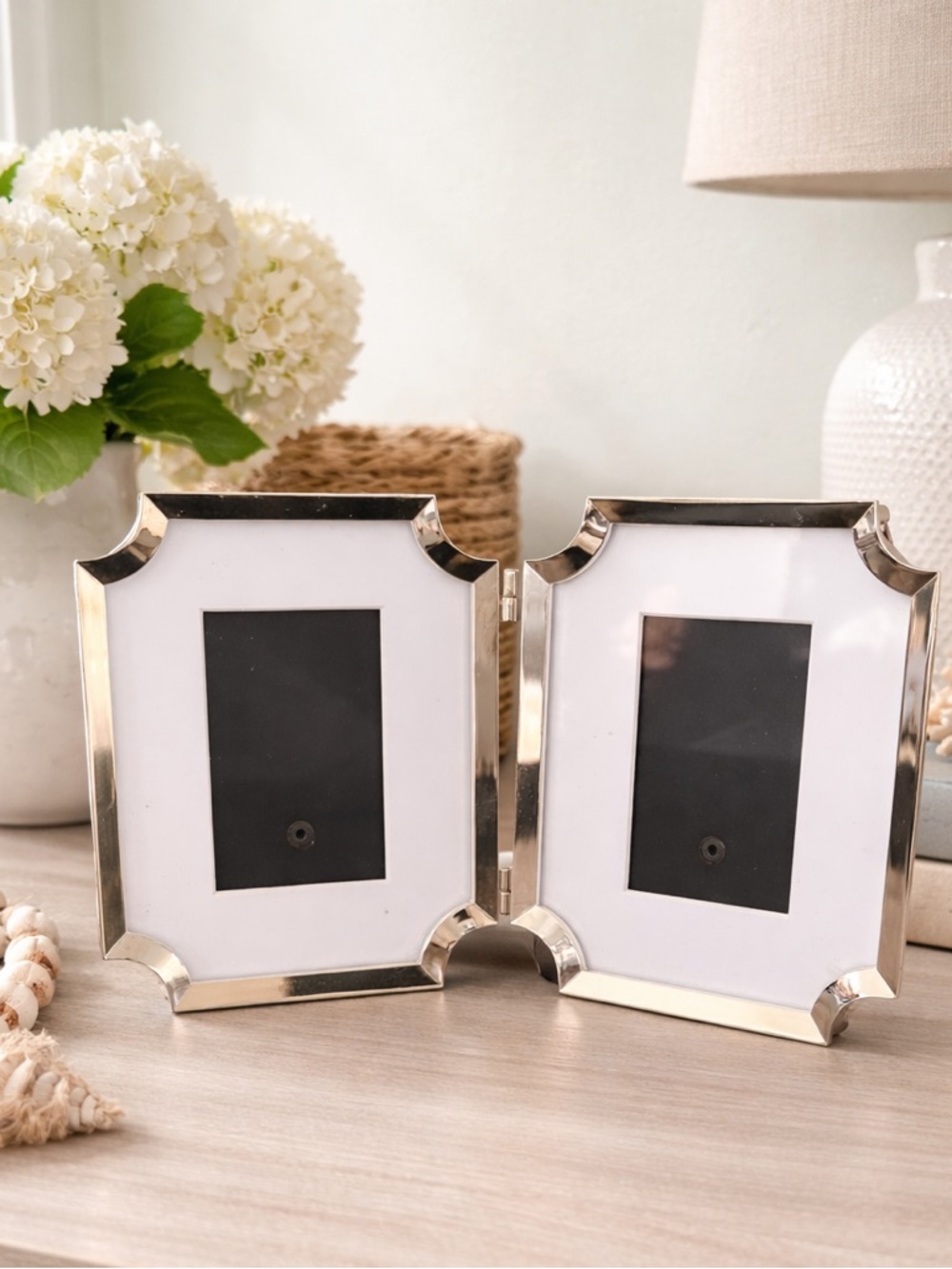 Elegant Silver Double Picture Frame White Mat 2x3”